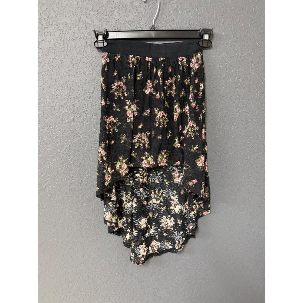 Charlotte Russe Womens XS Black Floral Lace High Low Skirt Pink Green Boho